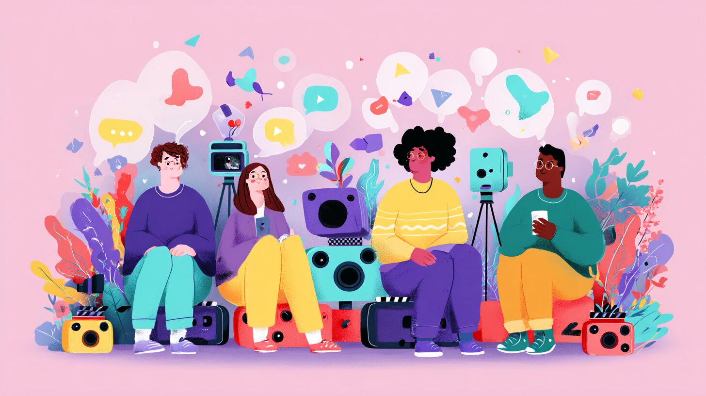 Pop illustrations, Smiling video creators, why not give video production a try?
